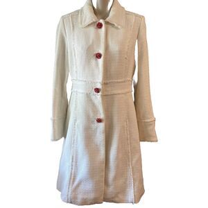 Vintage J Crew Coat White with Red Fire Coral Beaded Buttons Snap  Sz 6 Womens